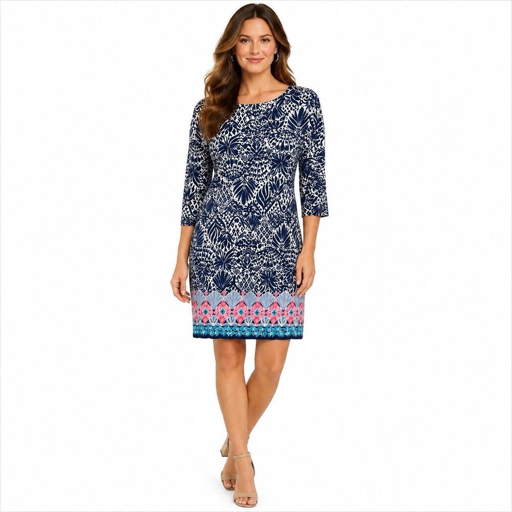 Lilly Pulitzer Dress Womens XS Blue Floral 3/4 Sleeve Cotton Shift Tropical